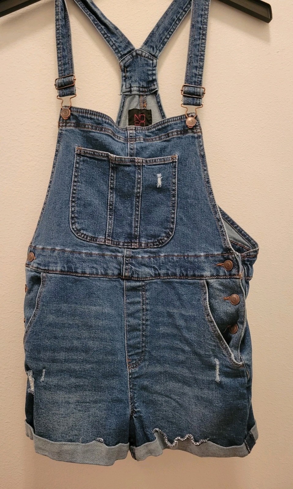 No Boundaries Juniors Sz 15/17 Bib Overall Shorts Blue Denim Pockets Raw Hem