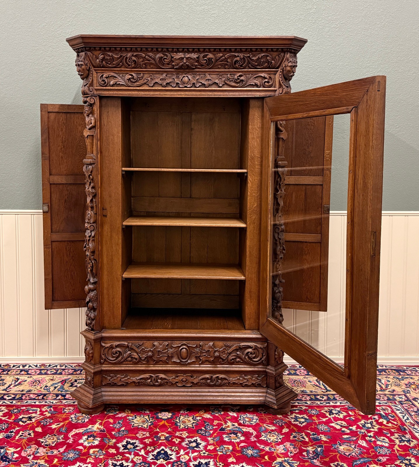 Antique French Renaissance Revival Bookcase Cabinet Side Doors Oak c. 1880s