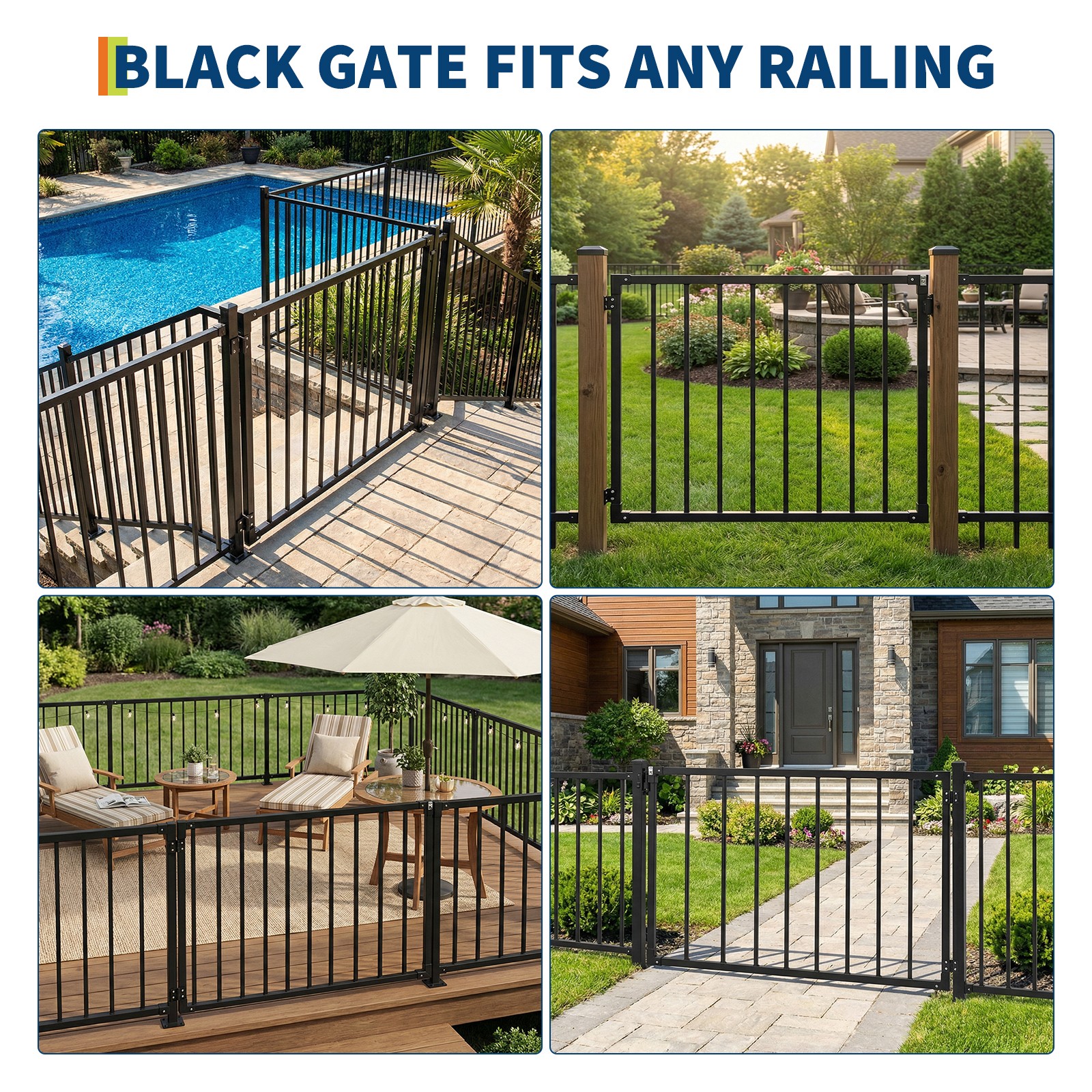 Heavy-Duty Deck Fence Gate 32.5" H x 48" W Black Metal Gate for Patio Yard Fence