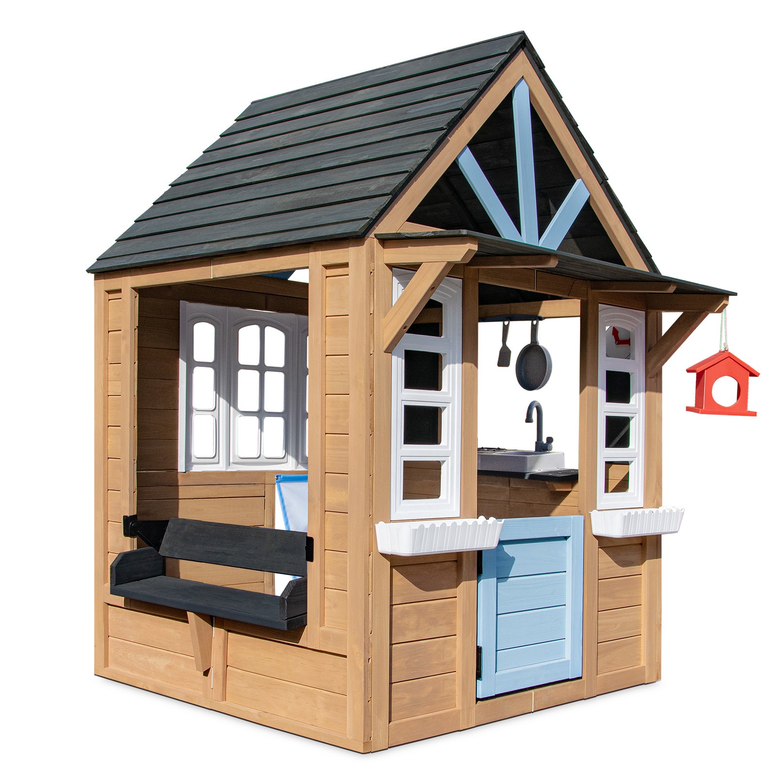 Kids Wooden Playhouse Cottage w/Bench,Play Kitchen,Chalkboard,Flowerpot,Birdcage