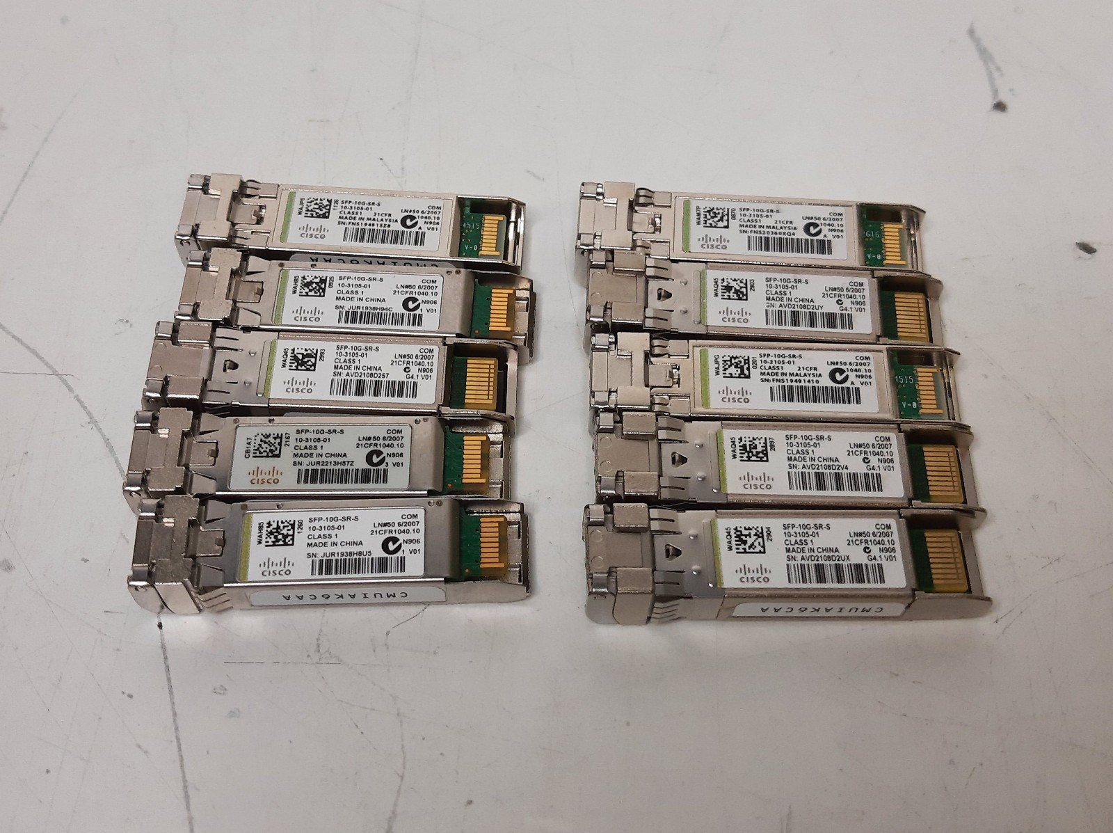 Lot of (10) Cisco SFP-10G-SR-S  10 Gigabit SFP+ Transceiver Modules 10-3105-01