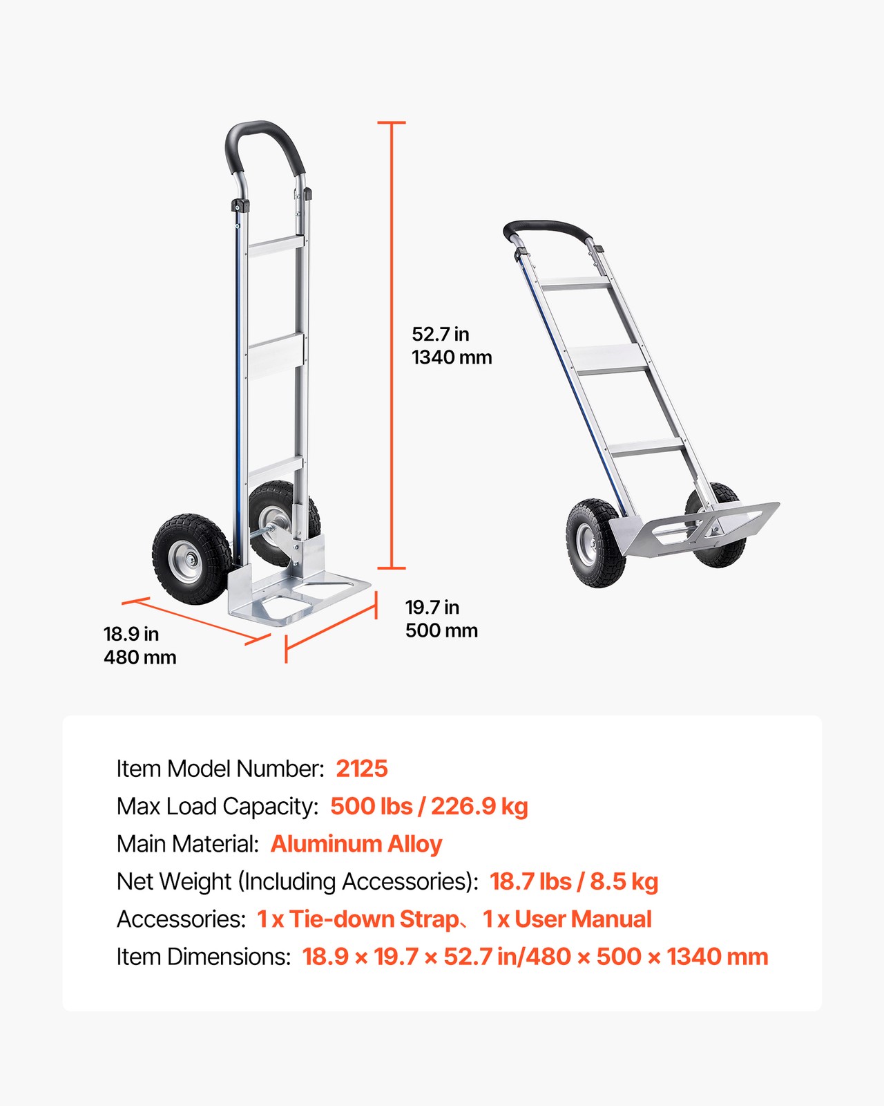 VEVOR Hand Truck 500 lbs Aluminum Alloy Heavy-Duty Hand Truck Dolly with Wheels