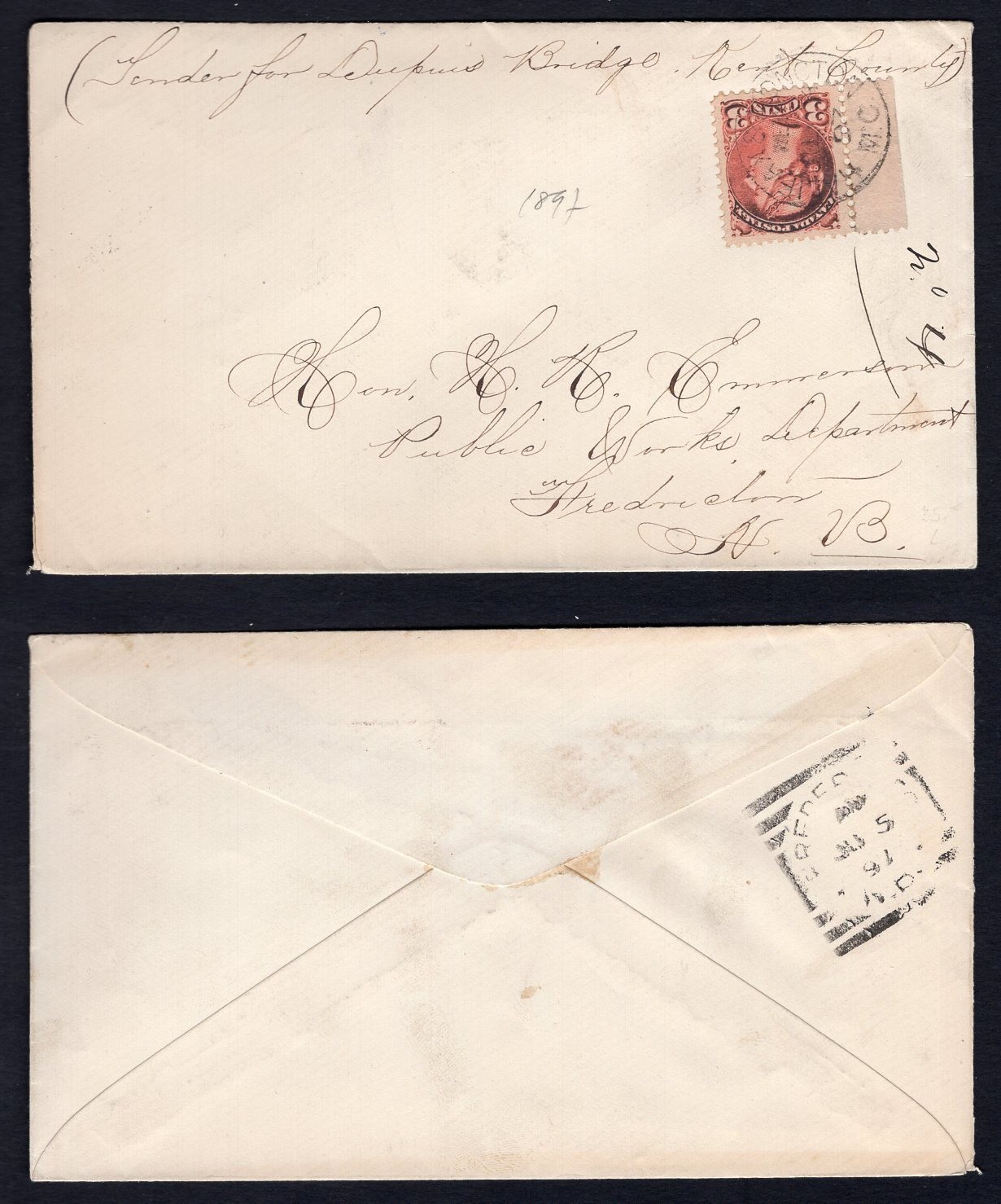 CANADA 1897 Cover to Fredericton NB; Squared Circle; RPO Halifax & Moncton MC