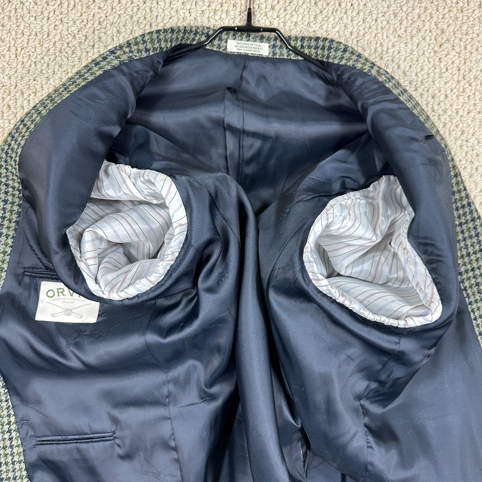 Orvis Harris Tweed Sport Coat Mens 52R Green Houndstooth Blazer Handwoven Wool