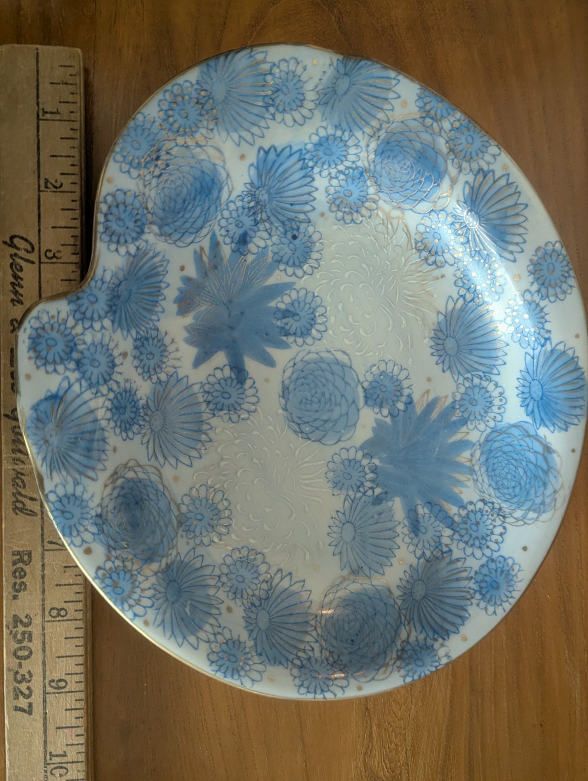 Vtg Kutani Gold Chrysanthemum Flower Japan Blue Trinket Dish Ashtray MCM Art