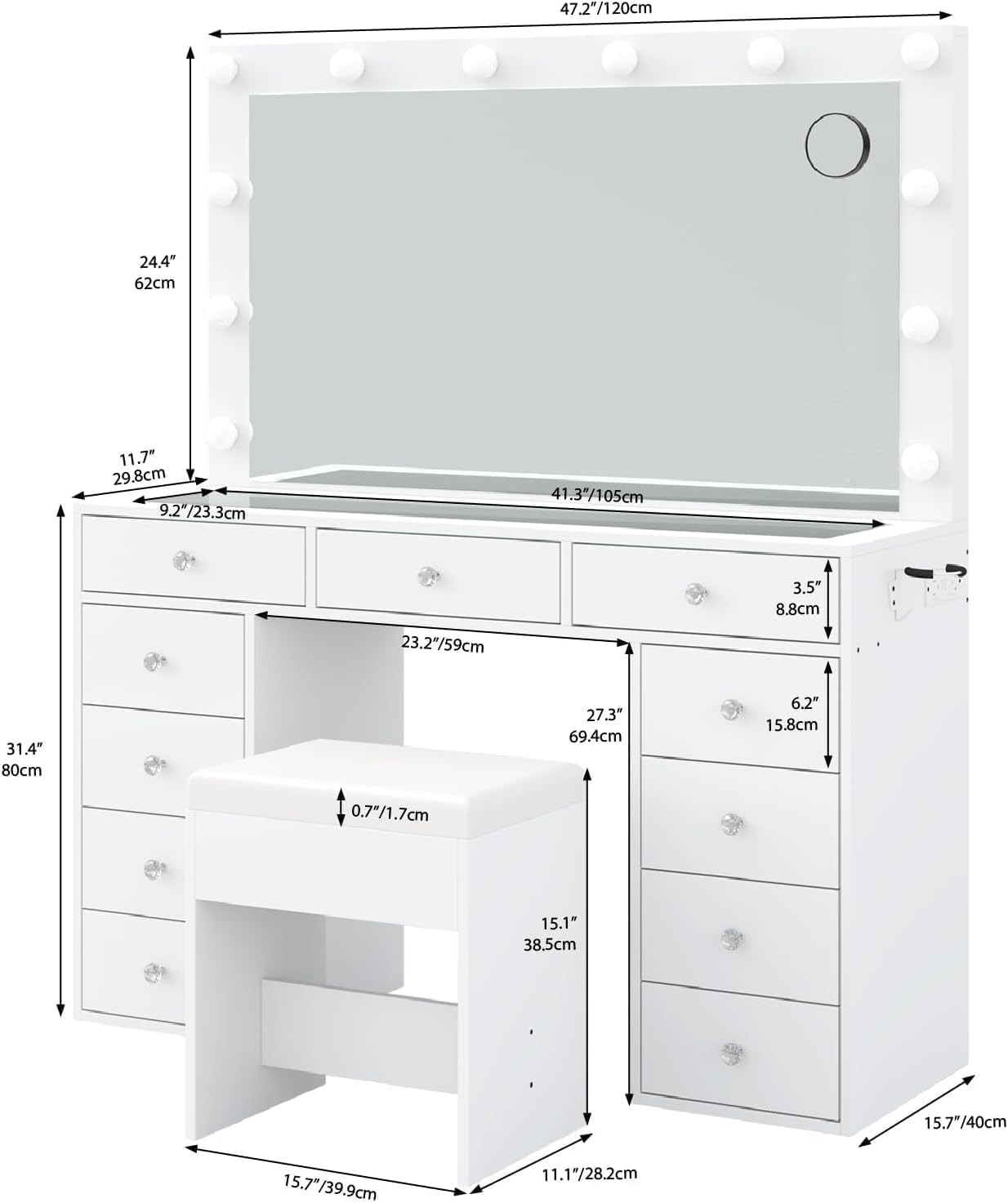 Vanity Desk with Mirror, Makeup Vanity 11 Drawers & Chair, White, Christmas Gift