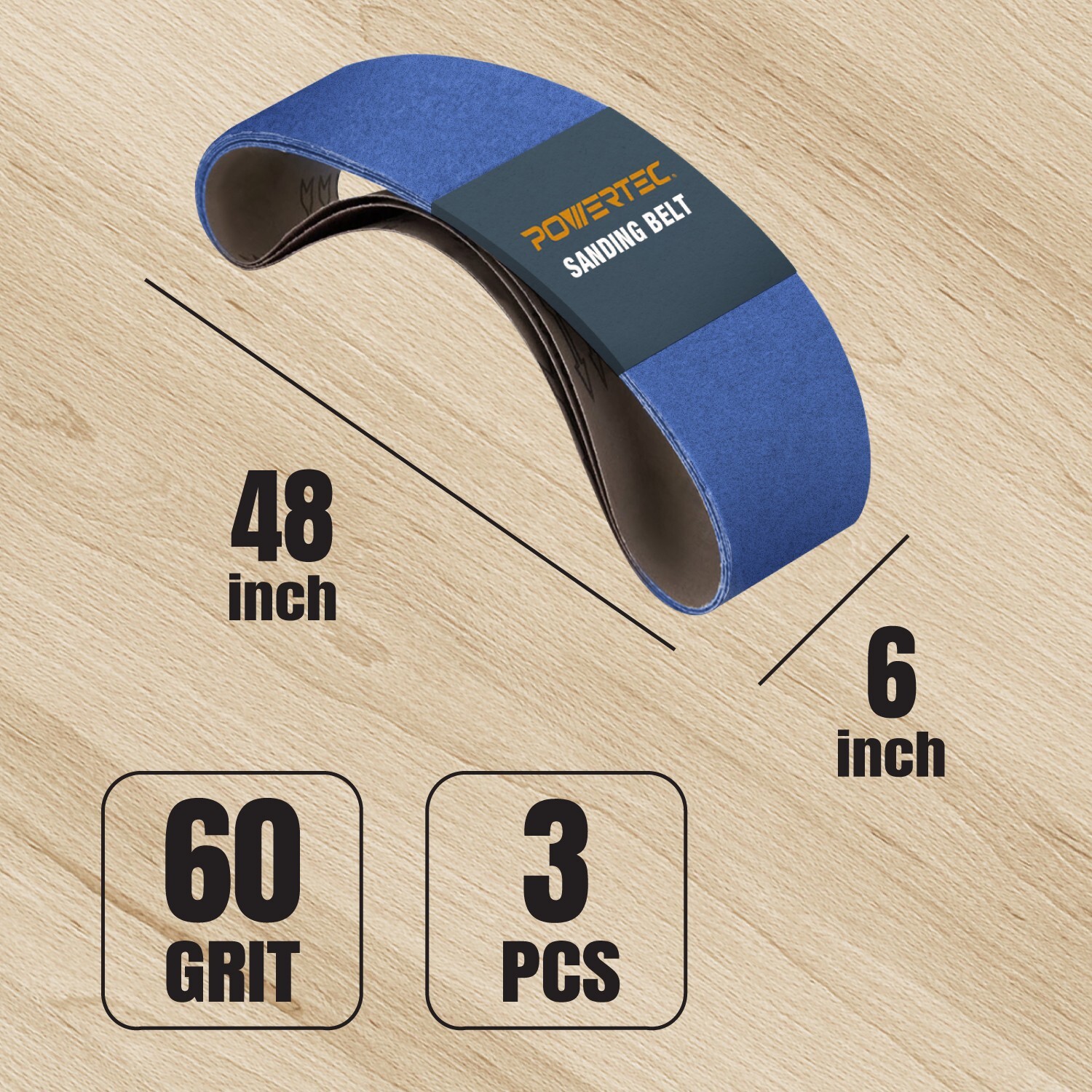 POWERTEC 6 x 48 In 60 Grit Metal Grinding Zirconia Sanding Belt-3PK (464806Z-3)