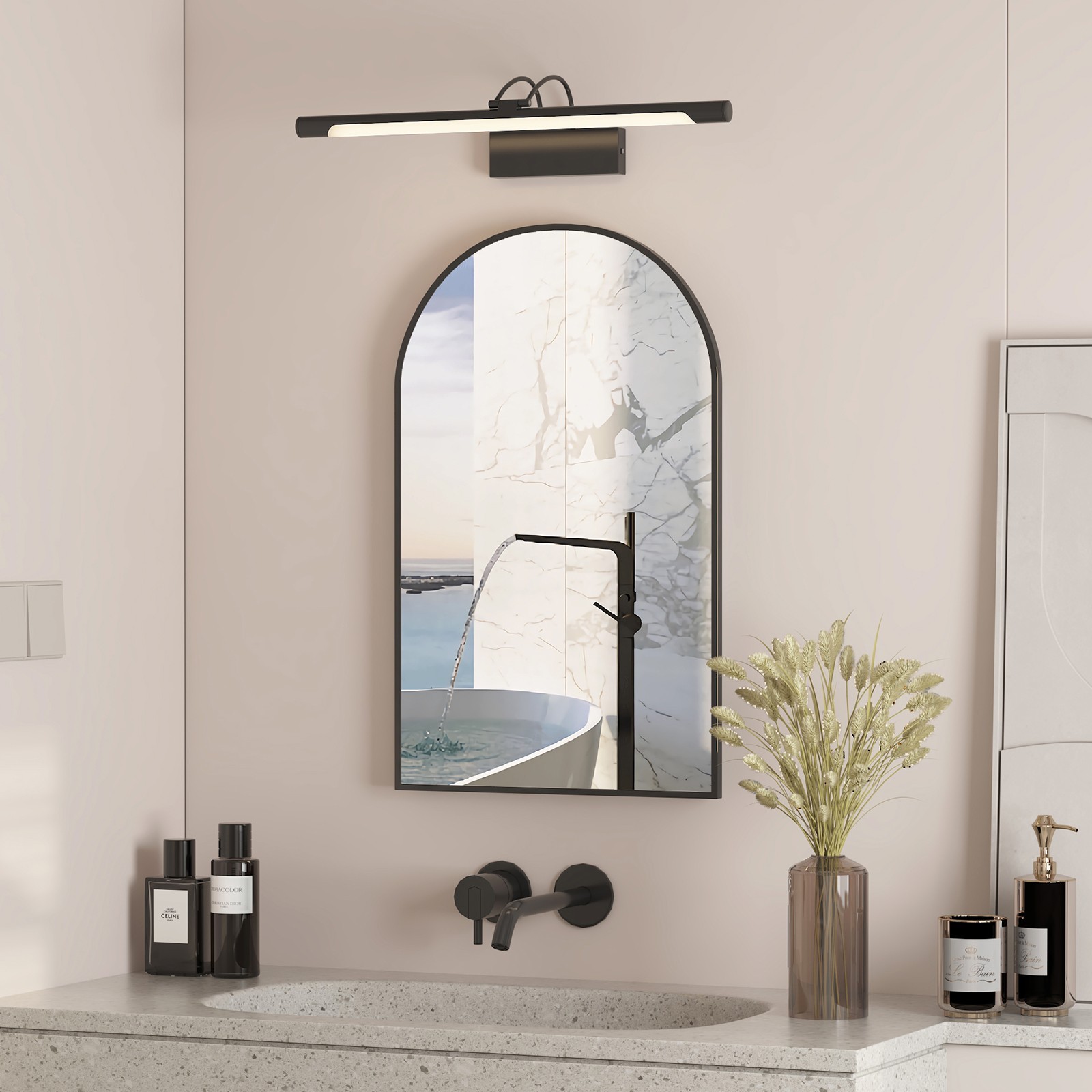 Black Arched Bathroom Medicine Cabinet With Mirror & Shelves,Right Open,Recessed