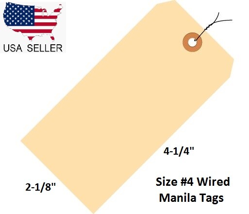 100 Pack 4 1/4" x 2 1/8" Size 4 Manila Inventory Pre Wired Hang Tags with Wire