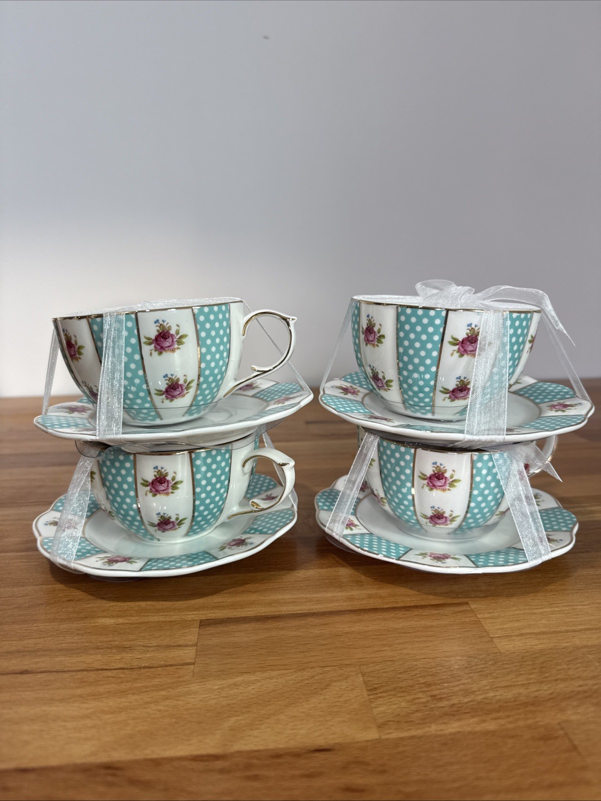 Elegance Porcelain Teal & White Teacup and Saucer With Gold & Flowers  Set Of 4