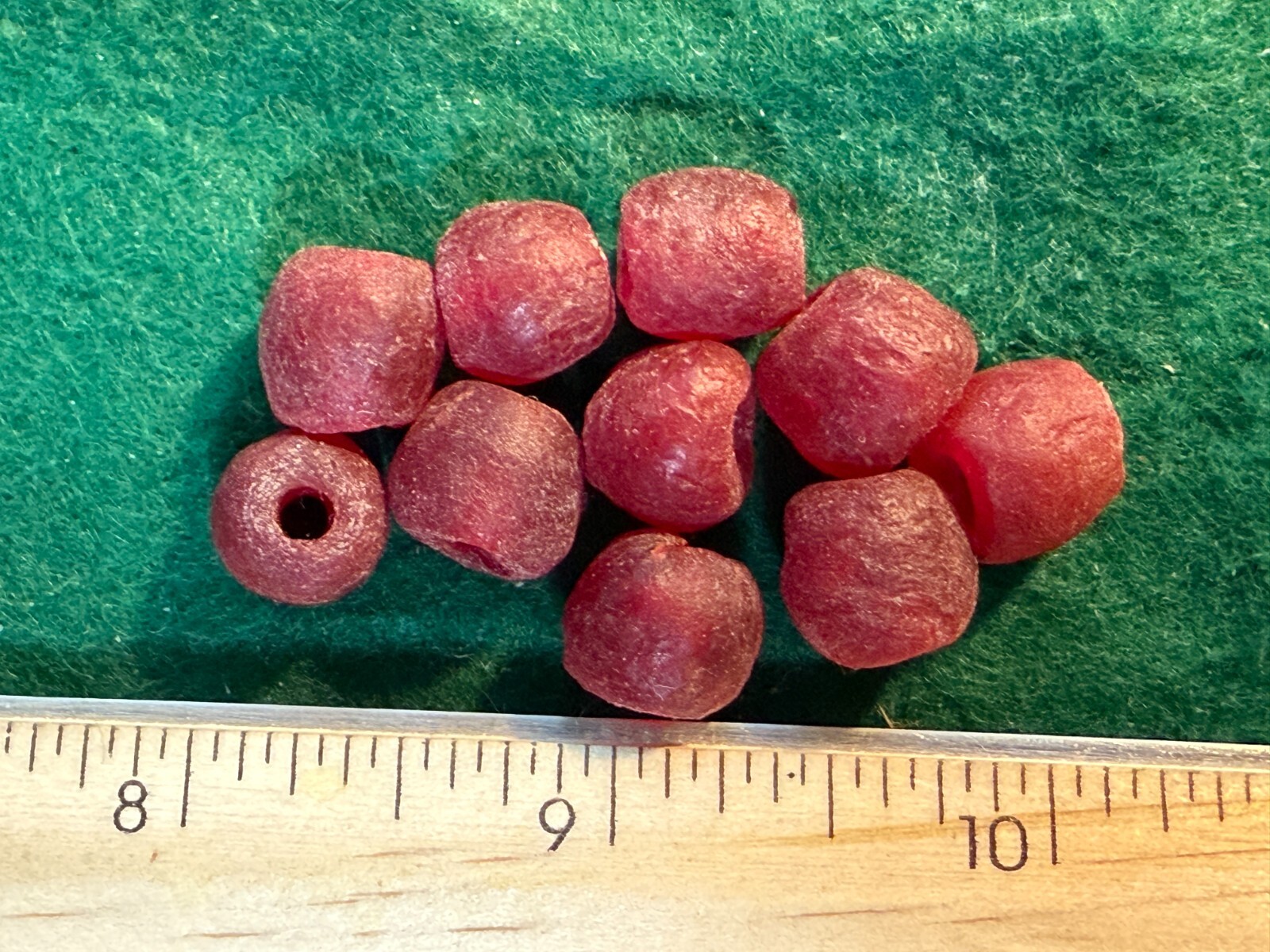 (10) Large Old Huron Indian Venetian Red Glass Trade Beads Fur Trade Era