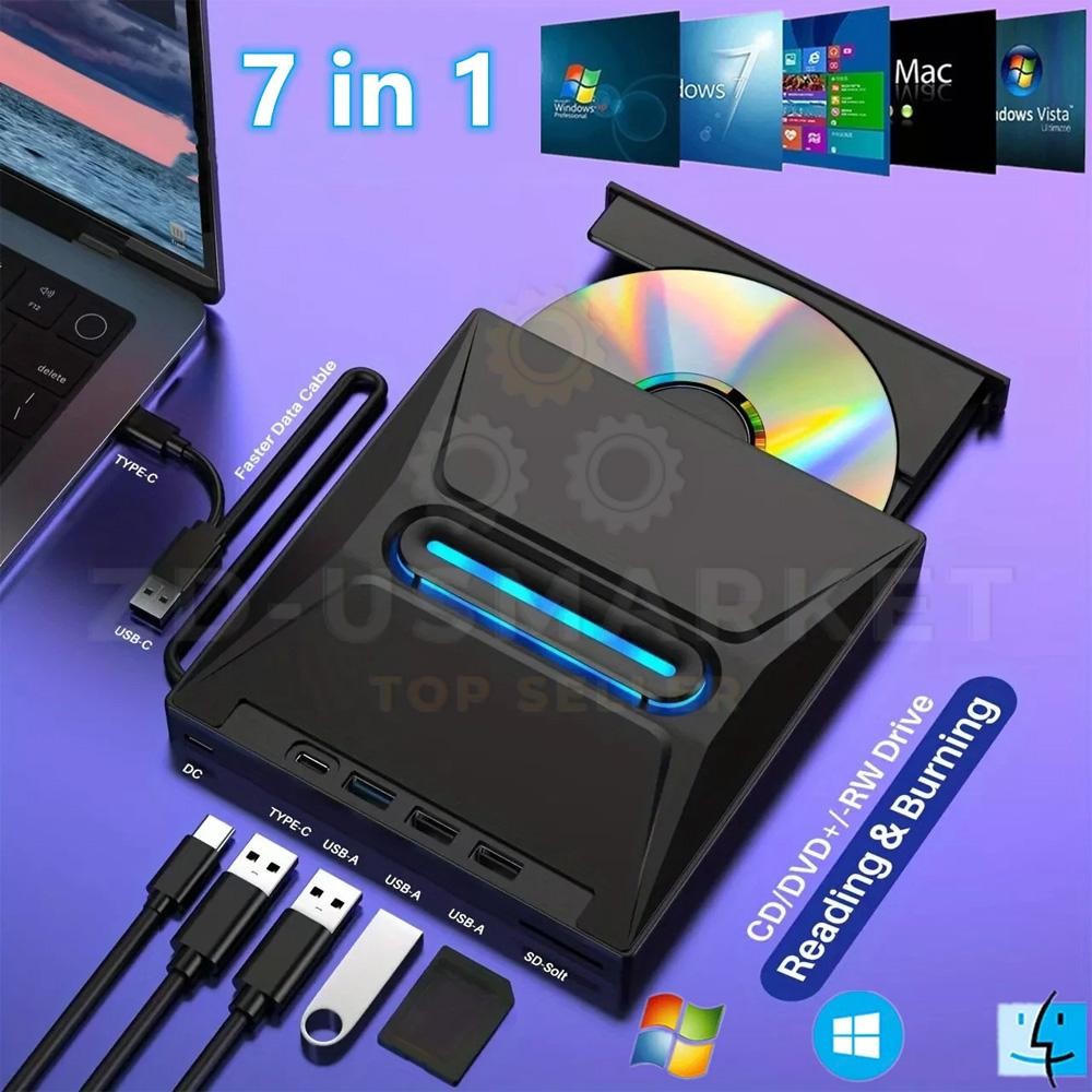 7 in 1 External USB 3.0 DVD CD RW Writer Drive Burner Reader Player For Laptop