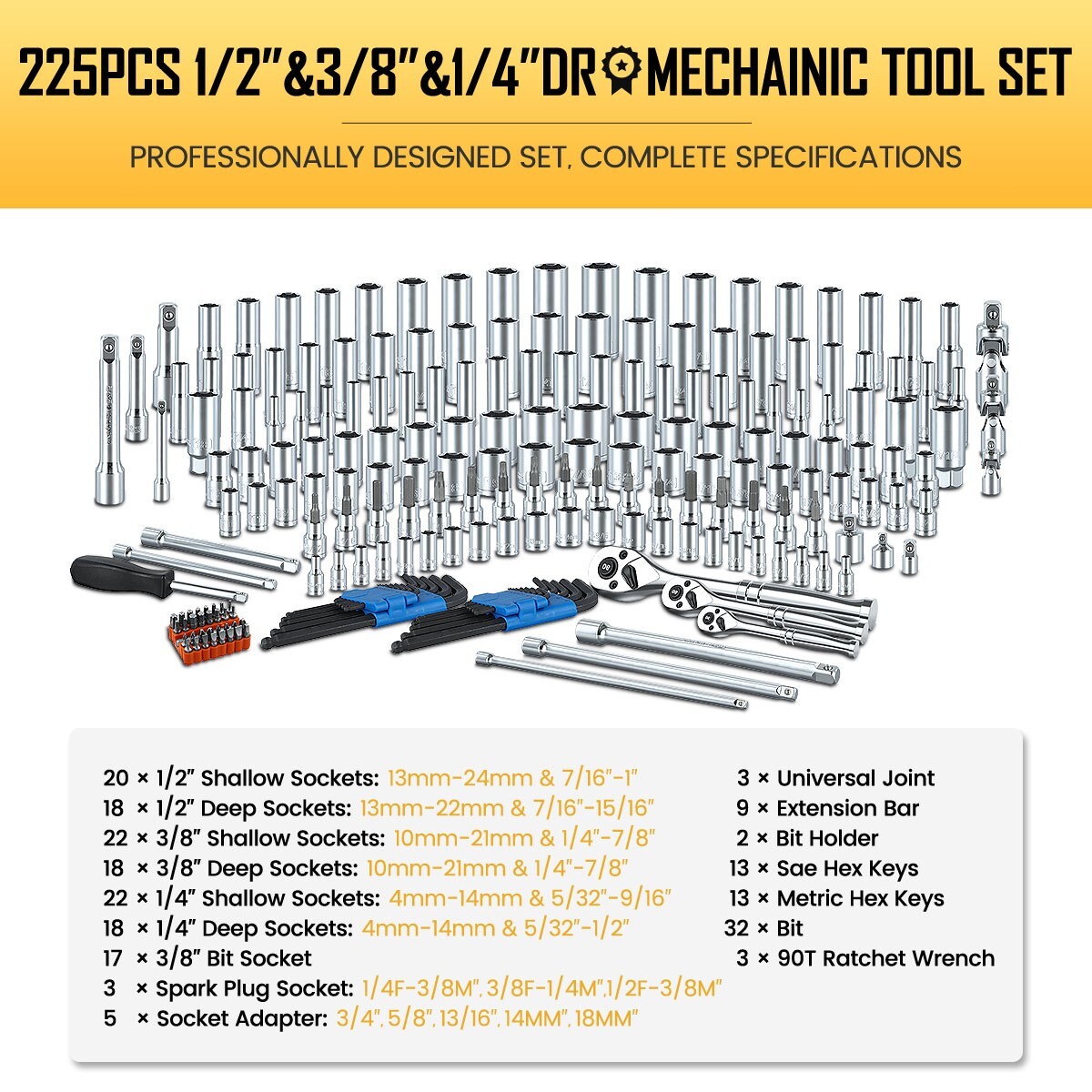BOEN 225PCS Mechanic Tool Set, 1/4" & 3/8" & 1/2" Drive Socket Wrench Set