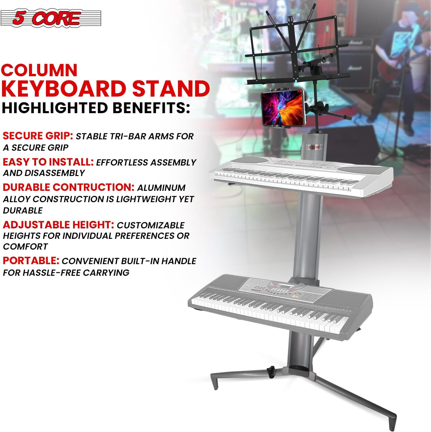 5Core 2-Tier Aluminum Column Keyboard Stand w/Bag, Mic Boom Arm & Sheet Stand