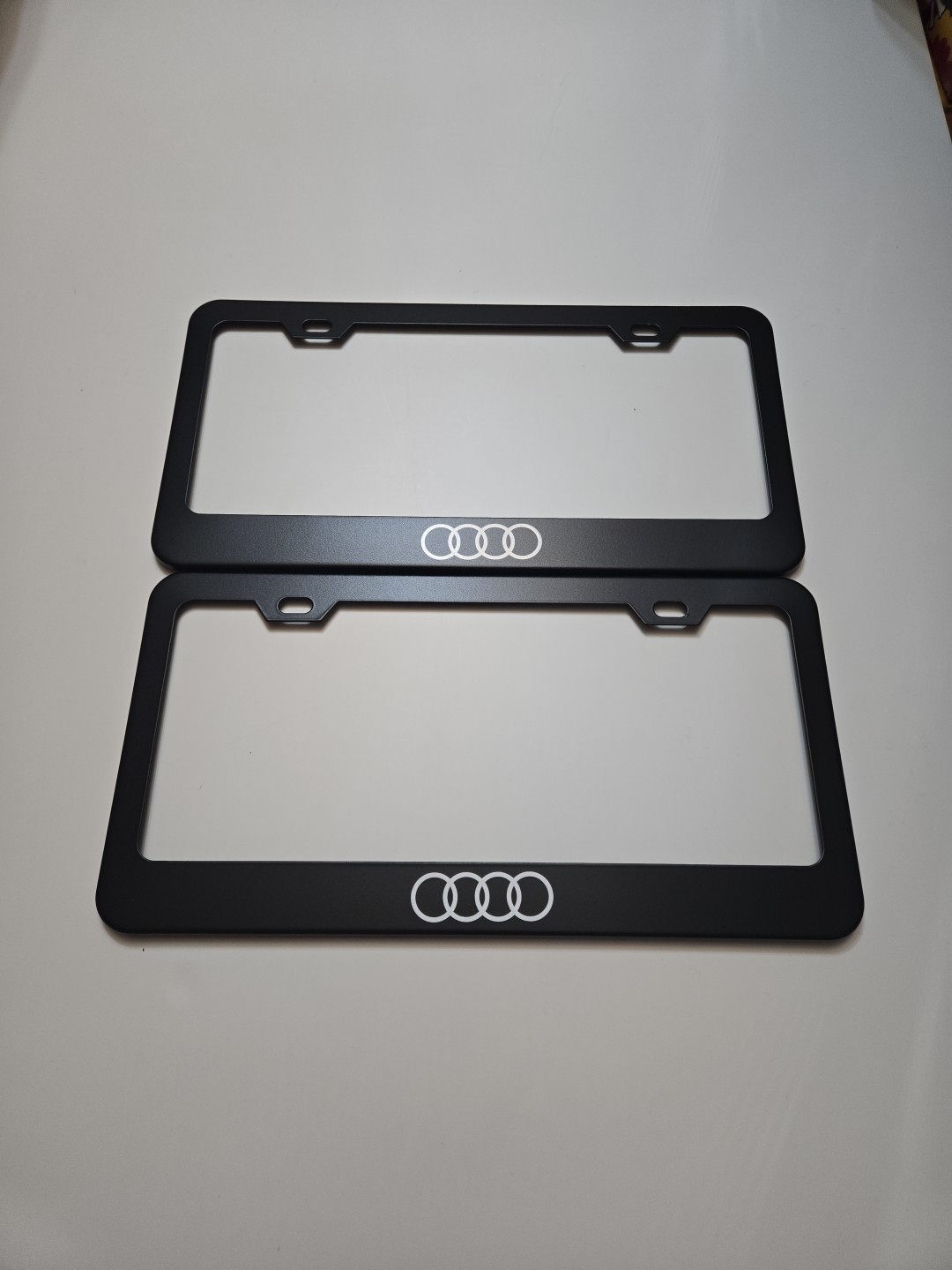 2X -Audi Rings- Stainless Steel Finished License Plate Frame Holder Black
