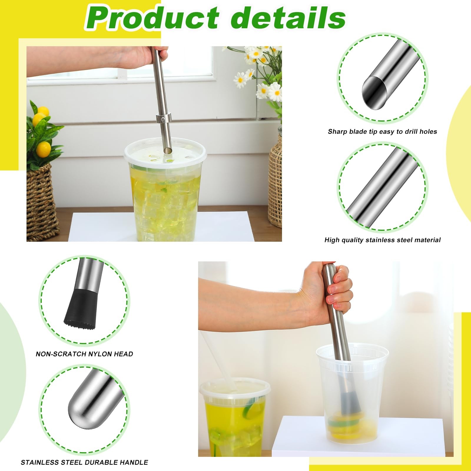 2 Pcs Straw Puncher and Muddler for Lemonade Plastic Lids Cups, Silver
