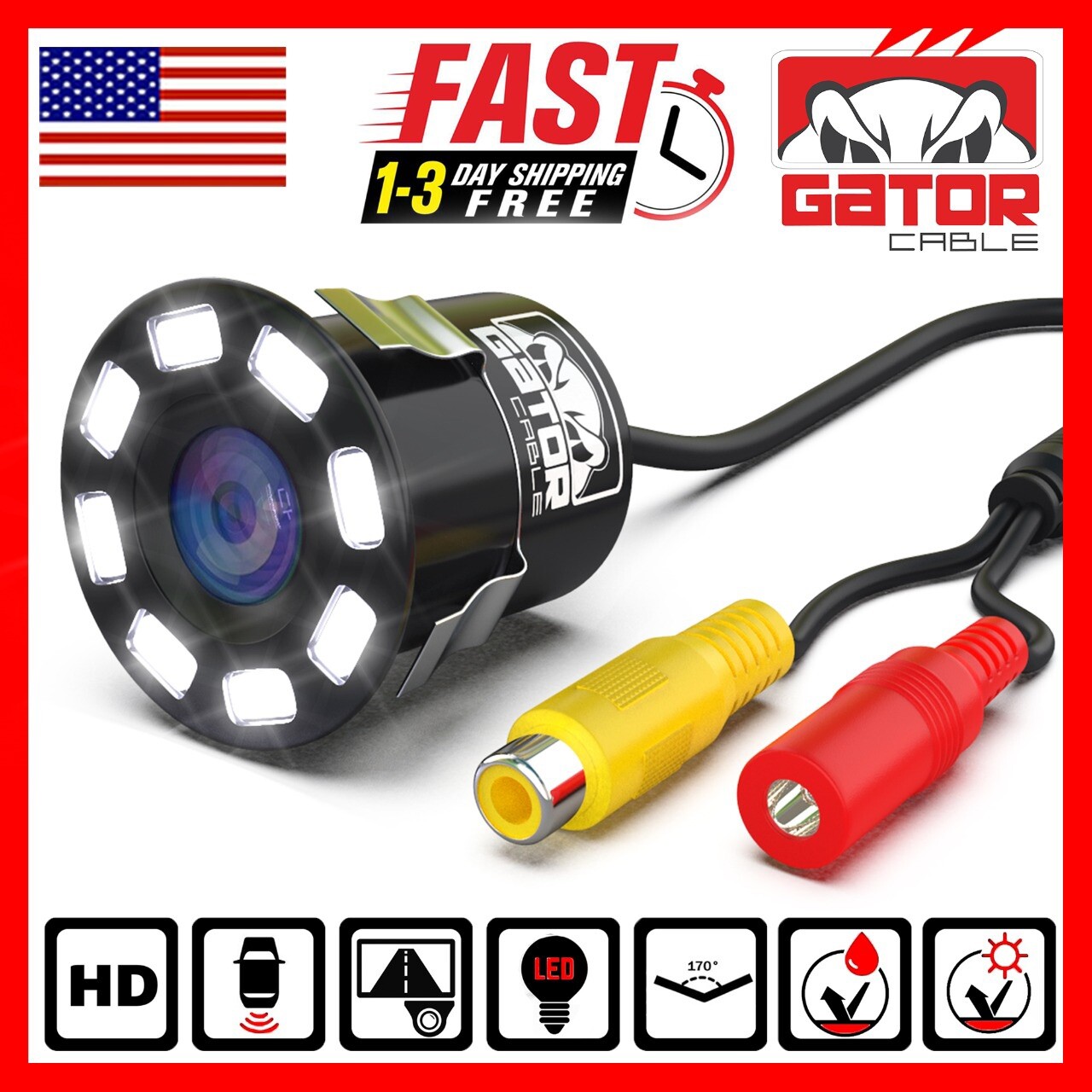 Car Rear View Backup Reverse Camera 170° CMOS 8 LED HD Night Vision Waterproof