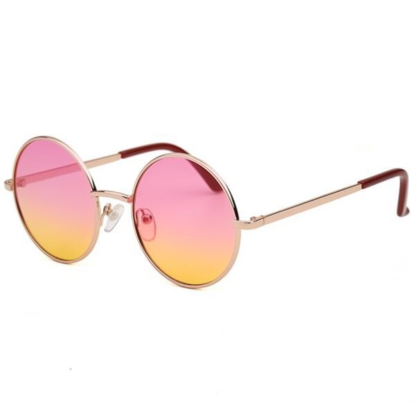 KIDS CHILD SIZE ROUND SUNGLASSES 2 TONE PINK-YELLOW COLORED LENS HIPPIE CIRCLE