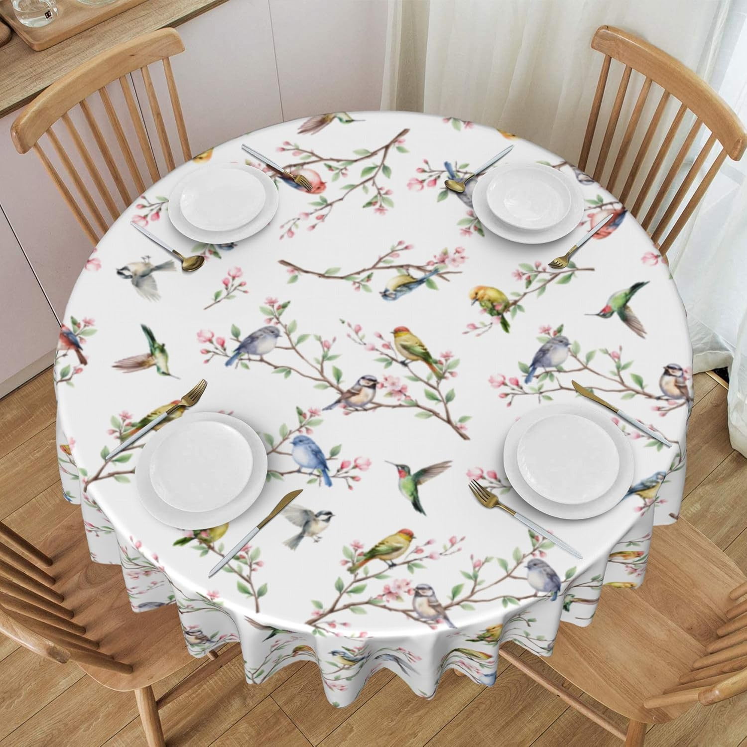 Spring Summer Tablecloth round 60 Inch, Birds Branch Floral Table Cloth Washable