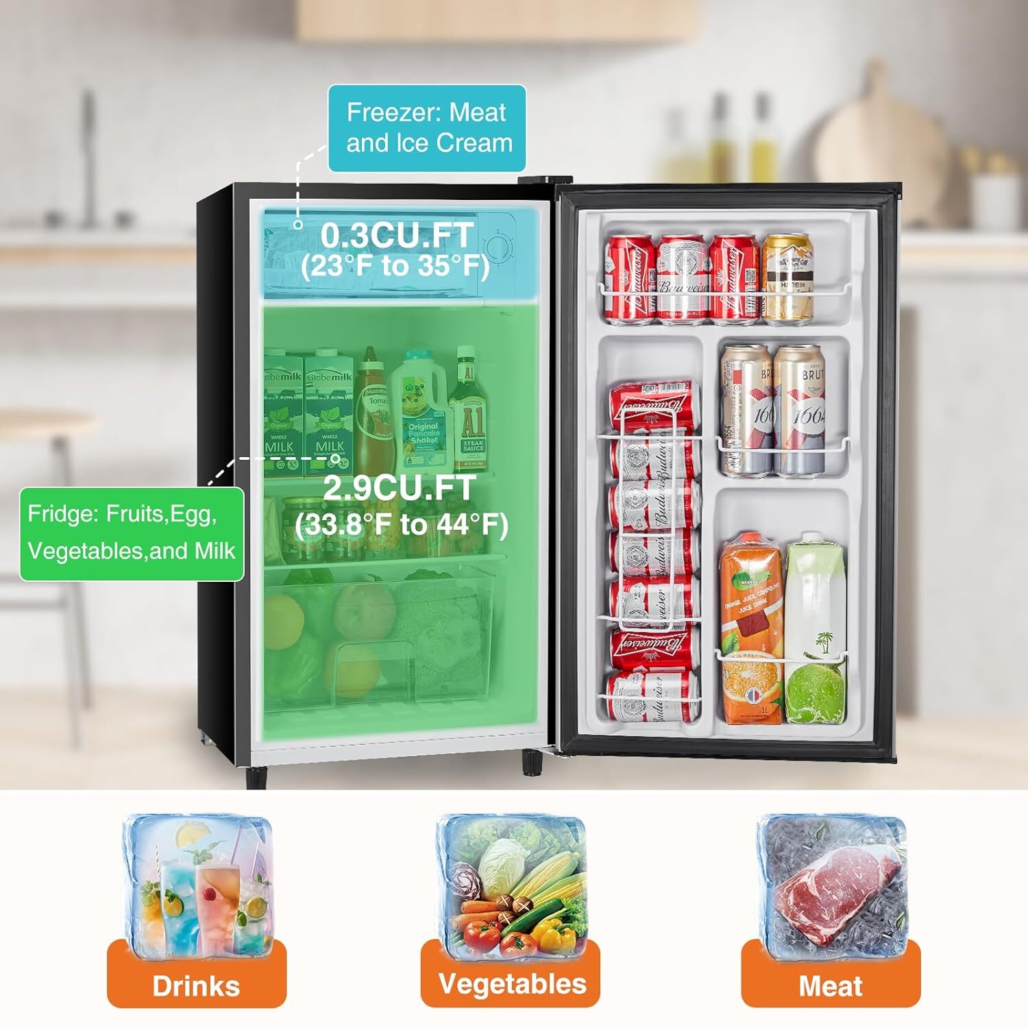 Home Mini Fridge with Freezer Small Refrigerator Door Energy-efficient Low Noise