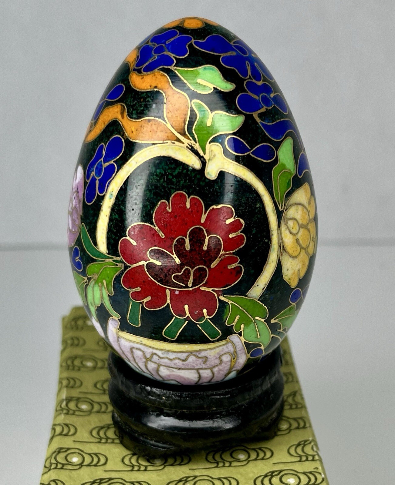 Vintage Chinese Black Cloisonné Enamel Copper Egg Pink Flowers Wood Stand In Box