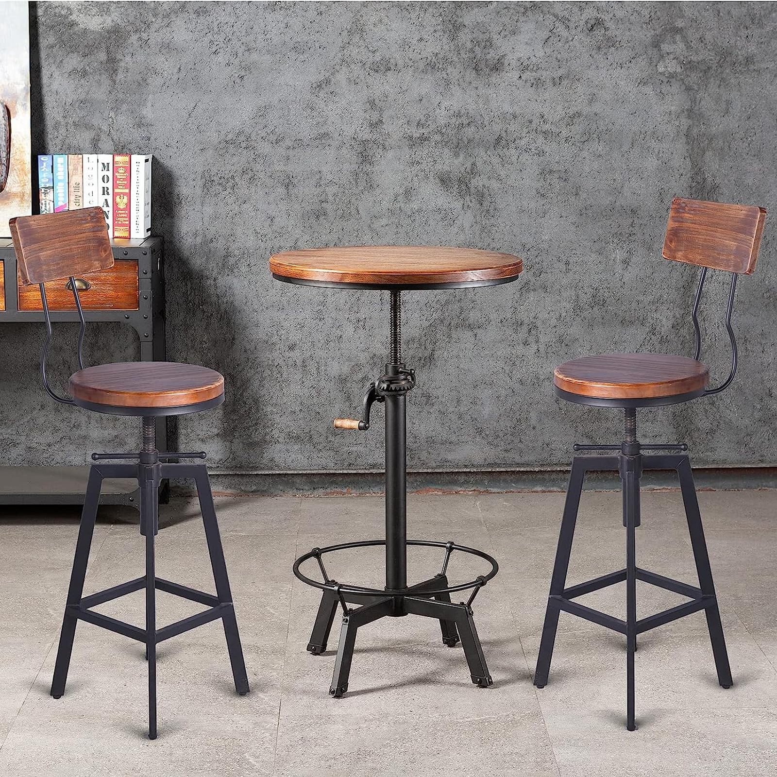 25"-32" Tall Adjustable Swivel Stools with Backrest Industrial Farmhouse