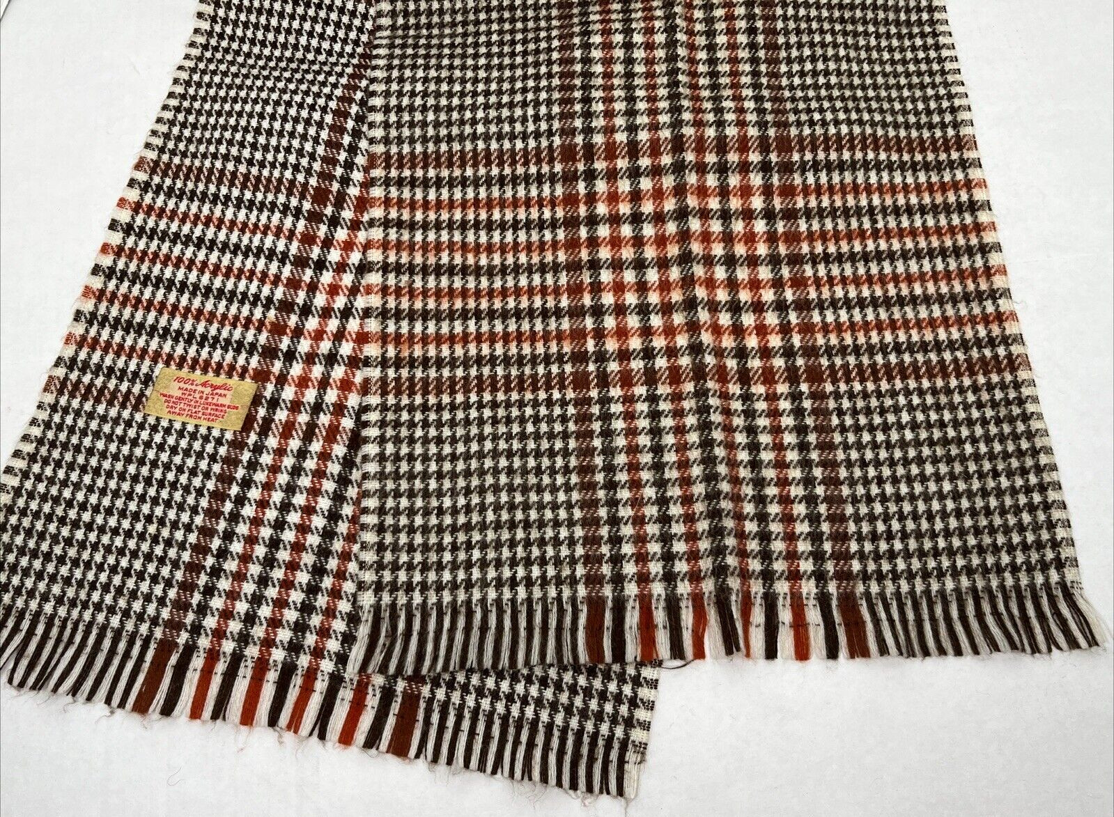 100% Acrylic Fringed Plaid 54" Scarf Tan Brown WPL5271 Vintage Made in Japan