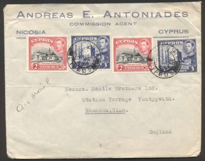 1949 Cyprus To UK Rhondda Airmail Cover With 4 Colour Stamps & Advertising
