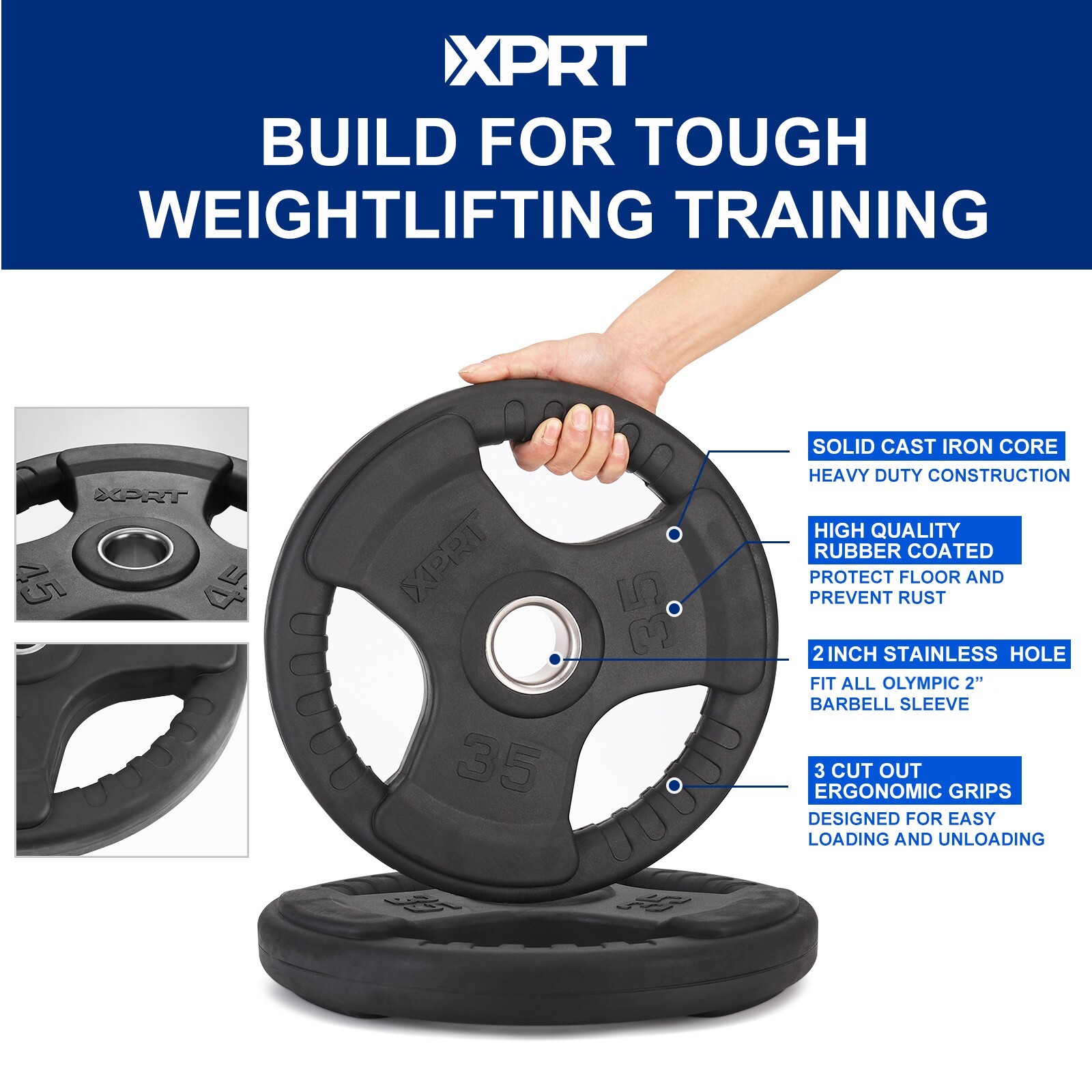 XPRT Fitness Olympic Weight Plates 2.5-45lb Rubber Coated Triple-Grip Home Gym W