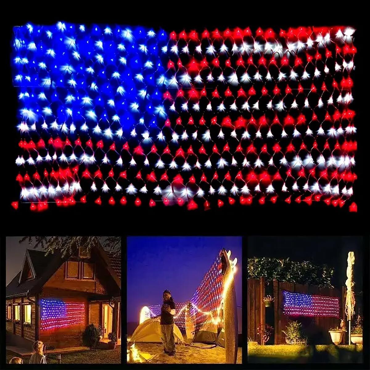 6.5ft x 3.3ft American Flag Net Light, 420 LED String Lights Party Garden Decor