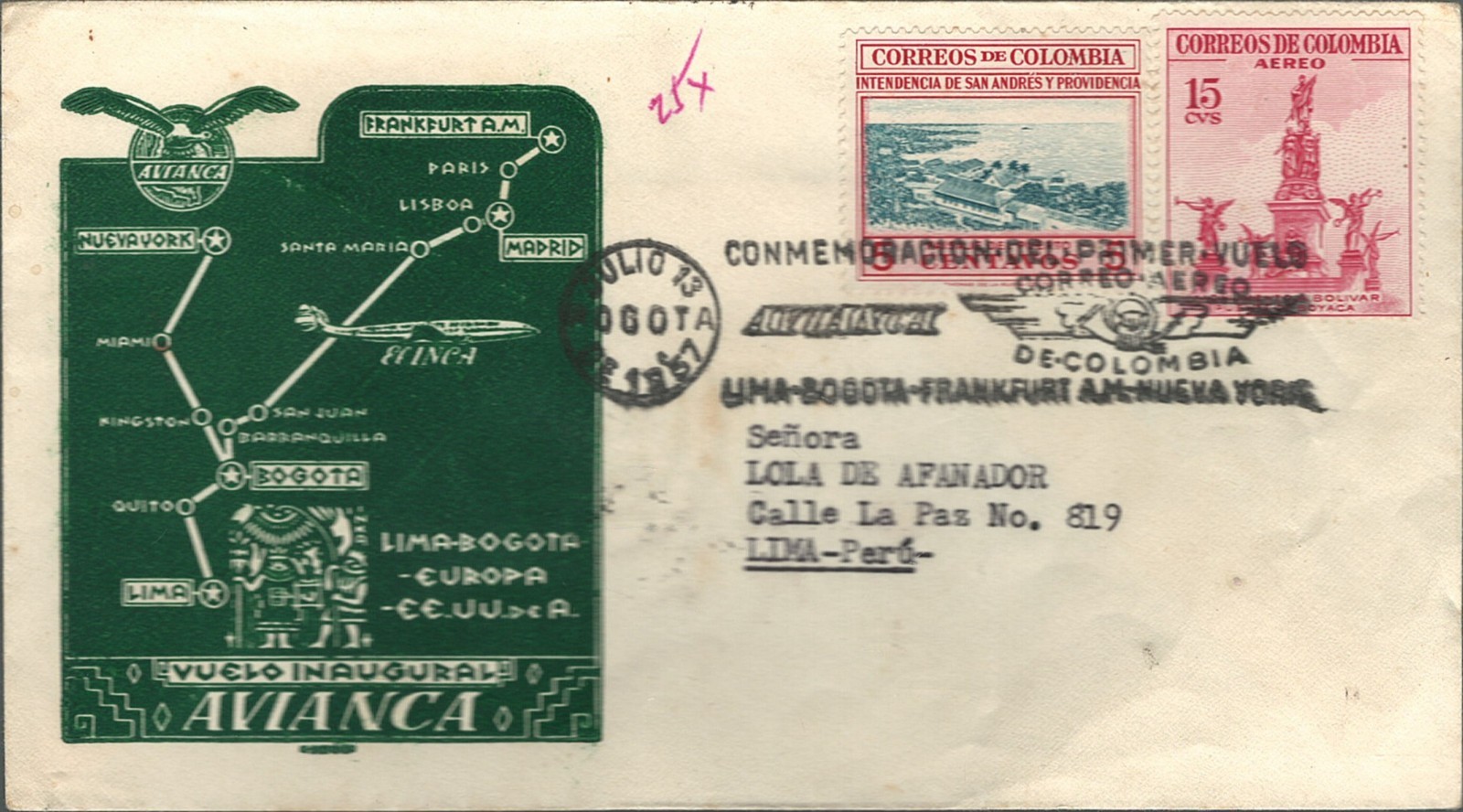 Colombia First Flight Cover Bogota to Lima Peru 1957 Avianca