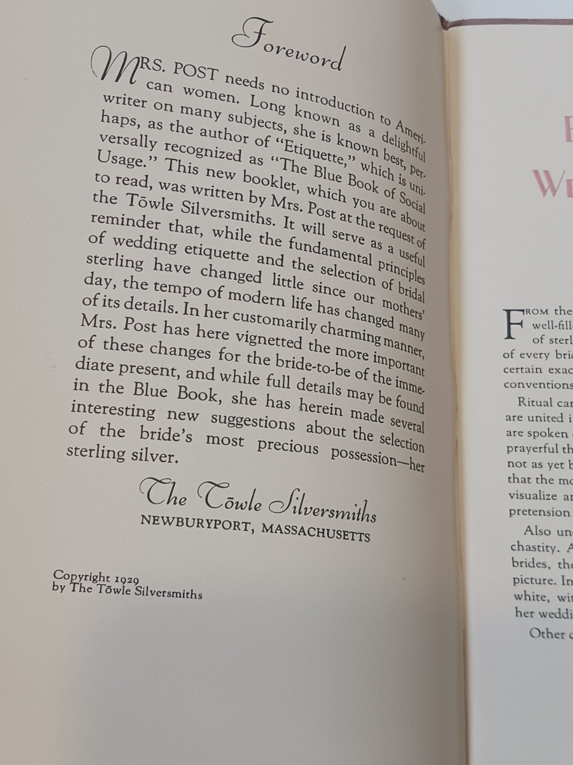 1929 Emily Post Bridal Silver and Wedding Customs Booklet Towle Guide