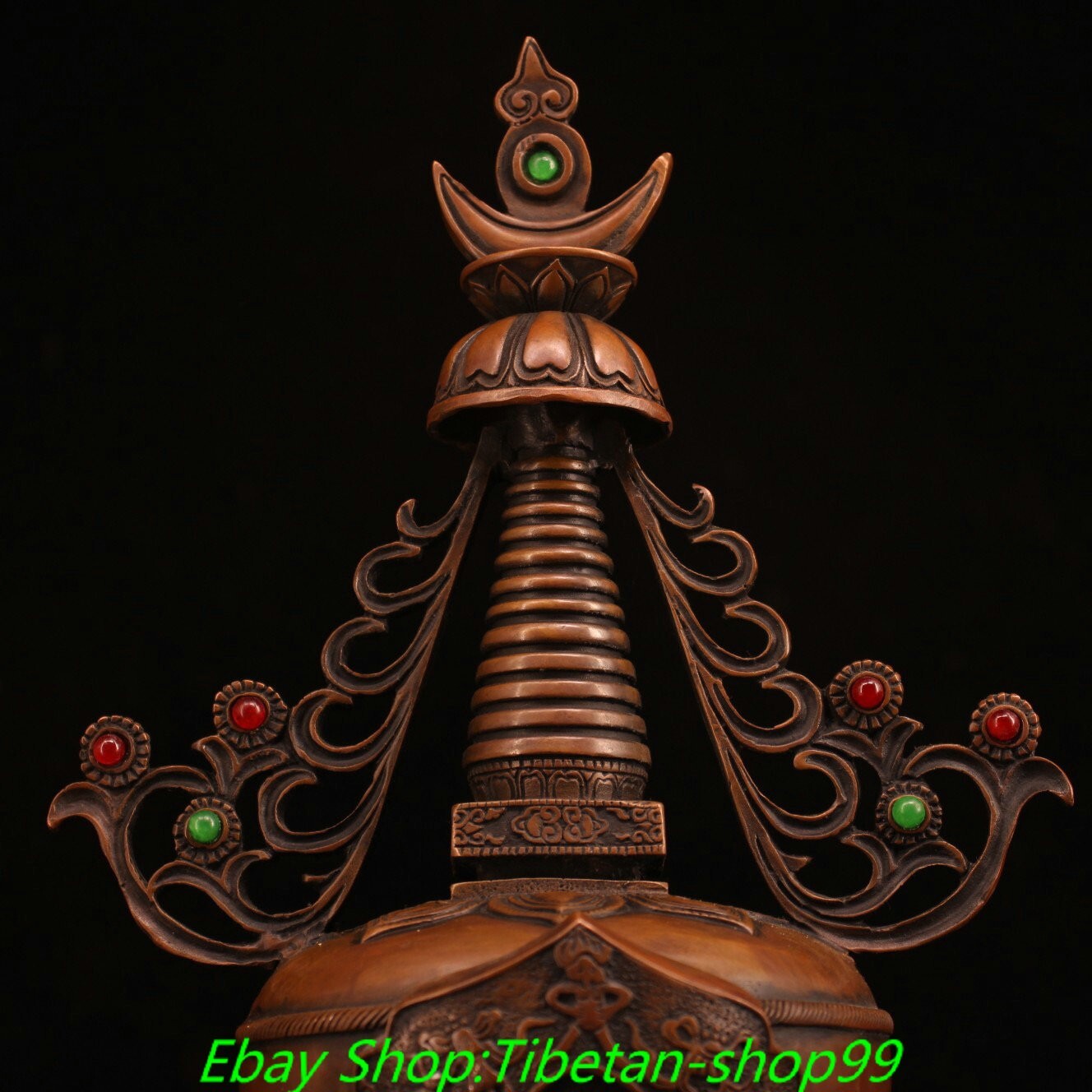 15.7'' Old Tibet Bronze Inlay Gems Shakyamuni Buddha Stupa Pagoda Tower Statue