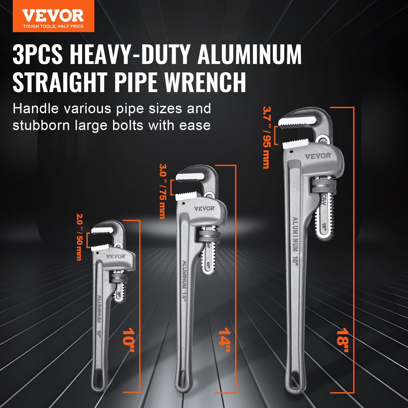 VEVOR 3PCS Aluminum Straight Pipe Wrench Set 10/14/18 in Plumbing Wrench CRV Jaw