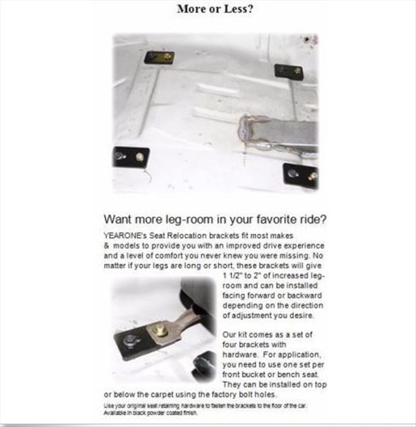 Universal seat relocation brackets.  See image for installation guide.