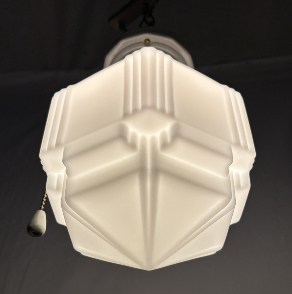 Skyscraper Shade Porcelain Ceiling Light Fixture Vtg Art Deco Glass USA #L44