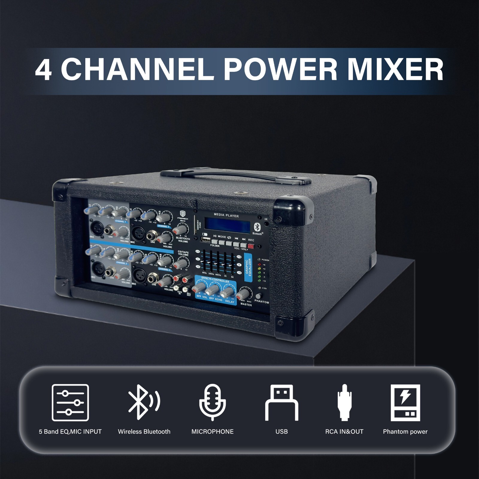 PRORECK PA Speaker System, 4-Channel Powered Mixer, 2*10'' Passive Speaker 1800W