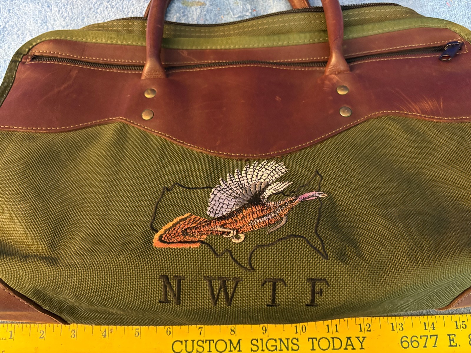 NWTF National Wild Turkey Federation Green Canvas Leather Bag Boyt ?