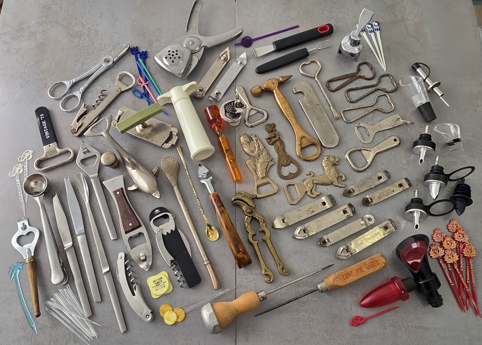 58 pc Lot of Vintage Bottle Openers, Picks, Barware, Bronze, Brass, Chrome, etc.