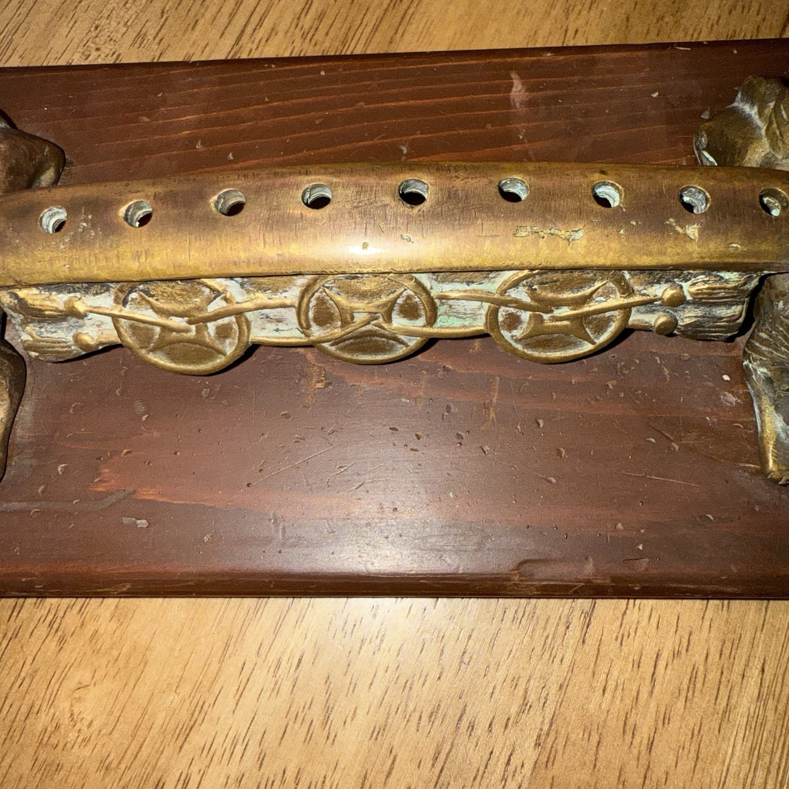 Vtg Chinese Metal Dragon Incense Burner Stand Wood Base Ornate Mythical Motif