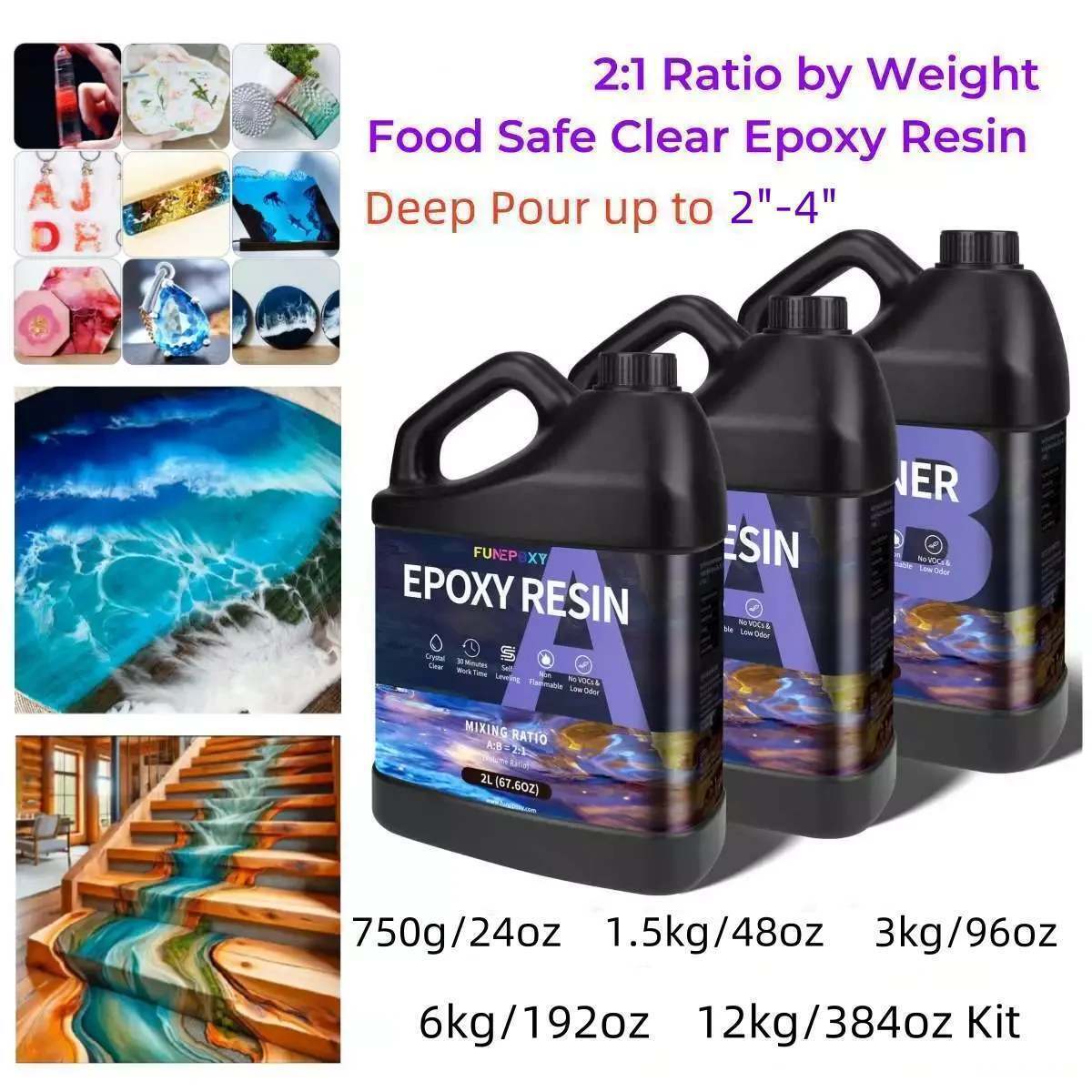 Deep Pour 750g/24oz 1.5kg/48oz 3kg/96oz 6kg/192oz 12kg/384oz 2:1 Epoxy Resin Kit