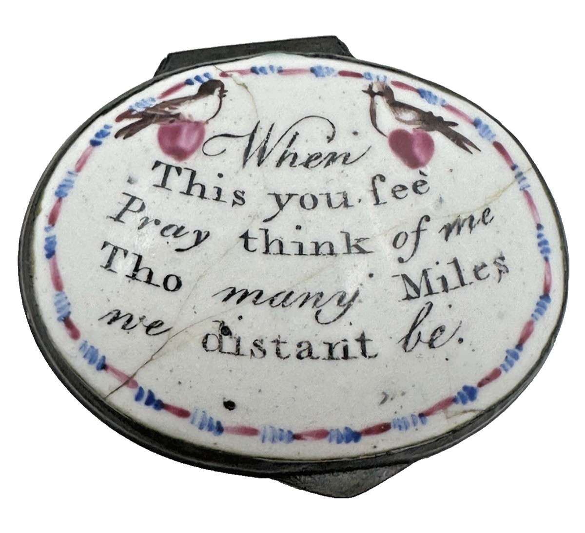 C 1790 Battersea Bilston Enamel Think of Me tho many Miles Away - Motto Patch