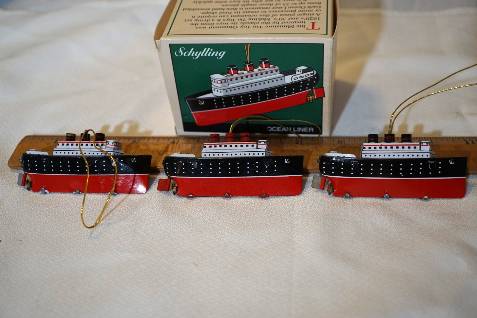 3 SCHYLLING TIN TOYS OCEAN LINER COLLECTOR SERIES XMAS ORNAMENT 1997 IN BOX