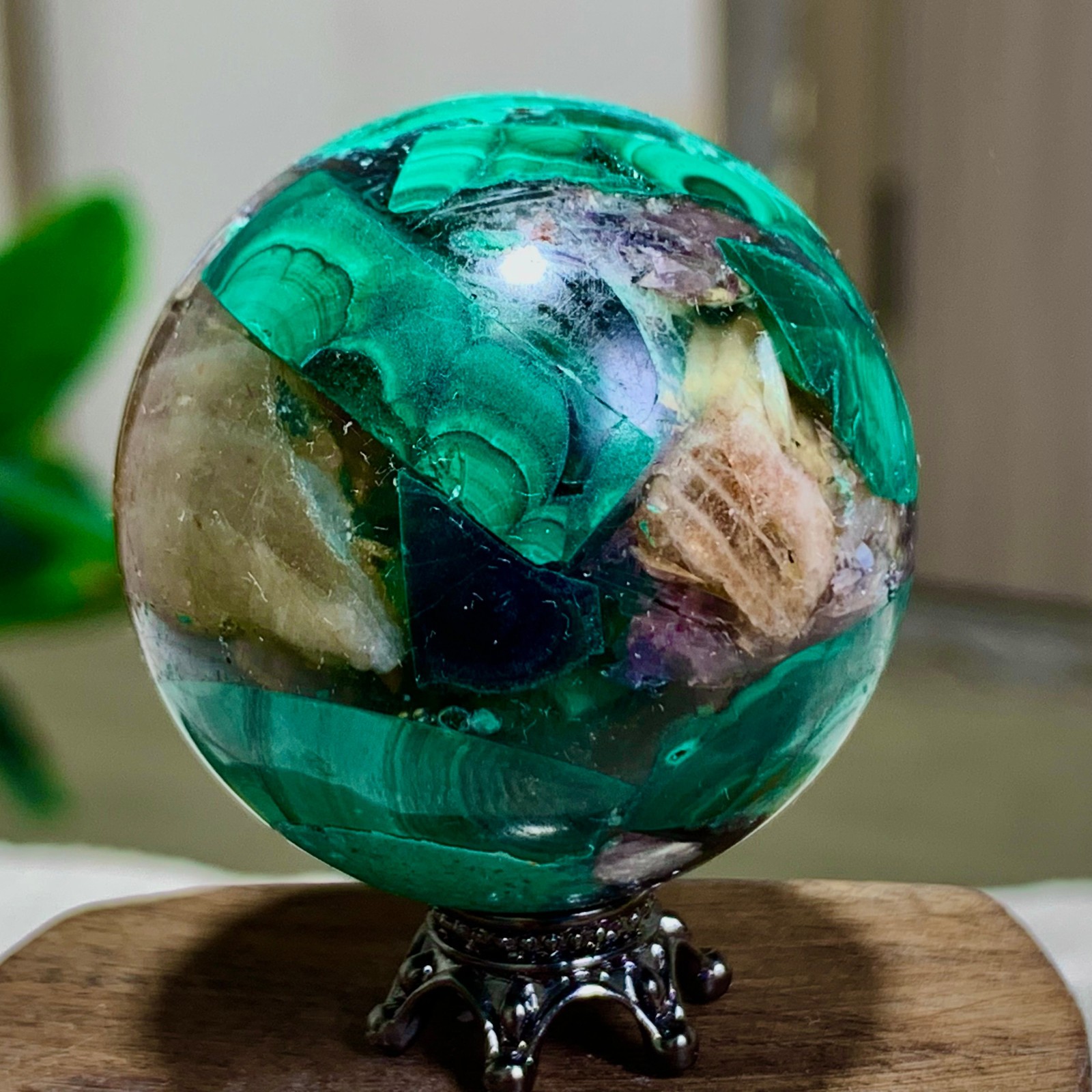 79G Newly discovered rare malachite purple mica symbiotic sphere restoration