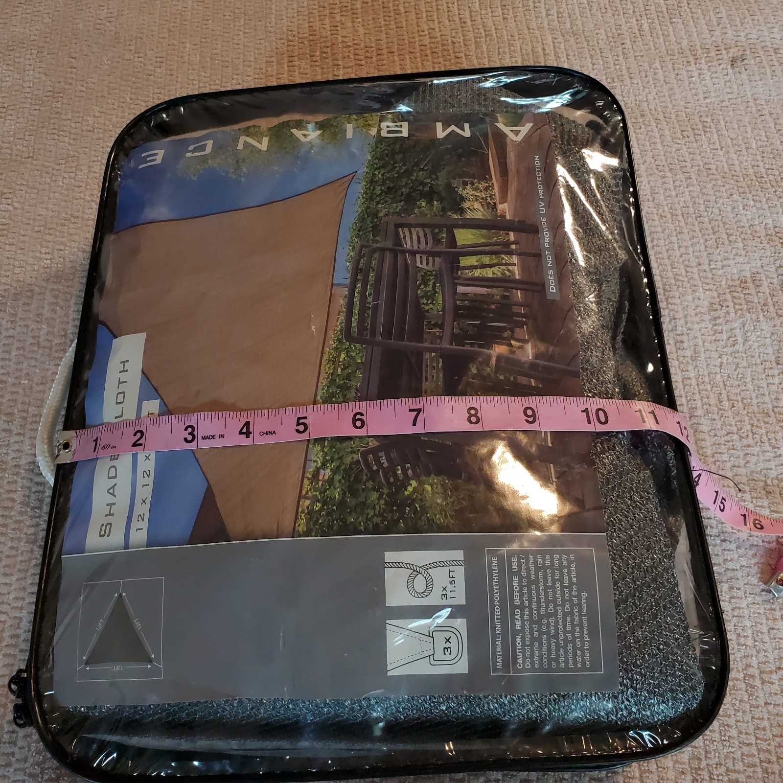 Ambiance Patio Cover Shade Cloth/ Net 12x12x12 Triangle Steel Gray Color New