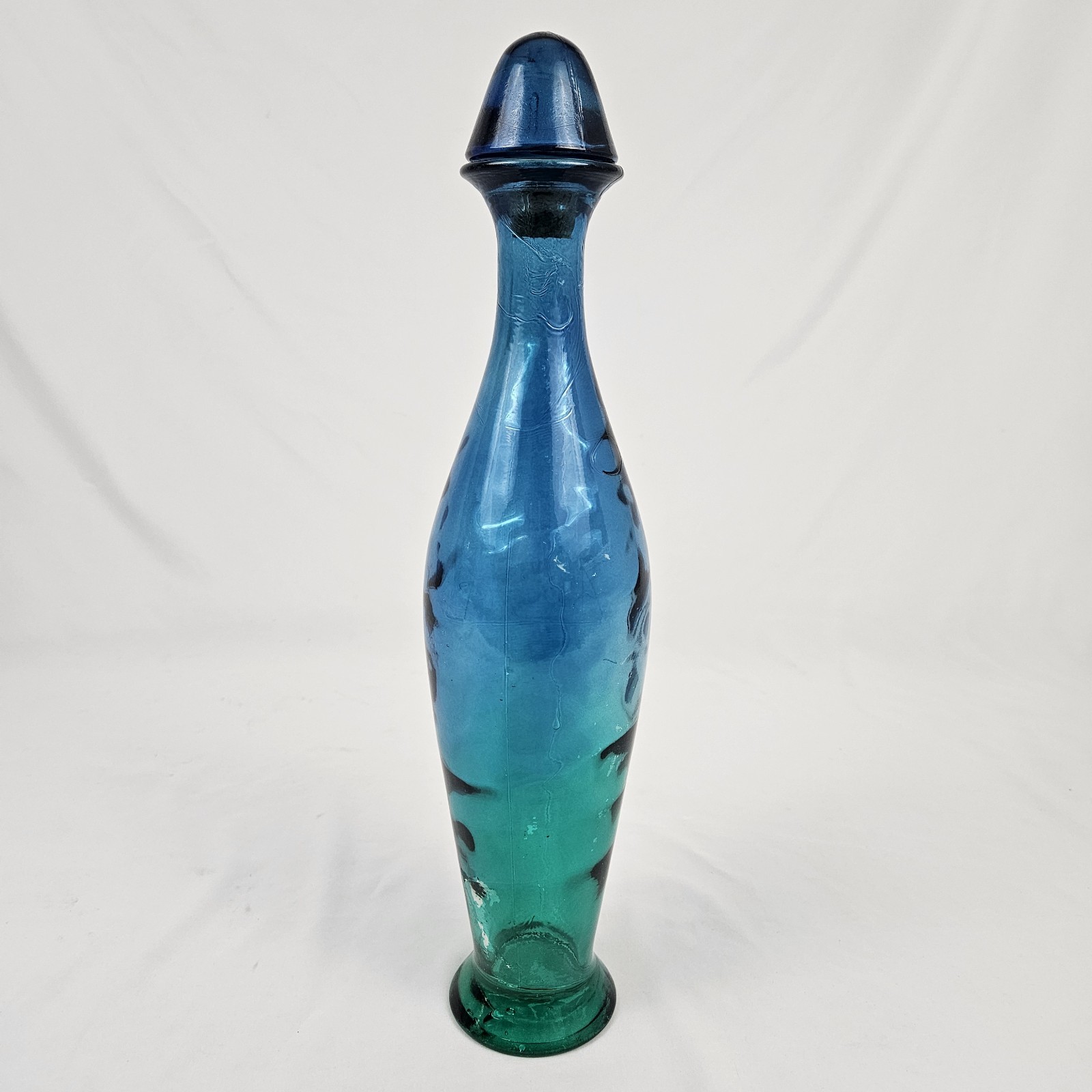 Vintage Blown Glass Decanter Genie Bottle 19” Tall W/ Stopper Blue Flash Pier 1