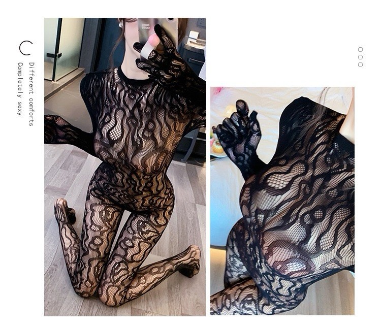 Sexy Black Lace Bodystocking Fishnet Teddy Long Sleeve With Finger Catsuit 5331
