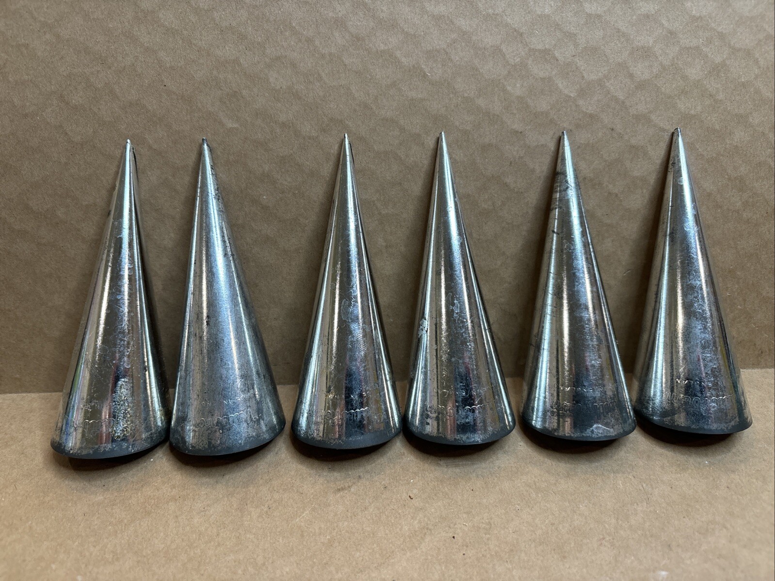 VINTAGE NUTBROWN TIN ICE CREAM CONE HORN MOULDS SILVER SET OF 6