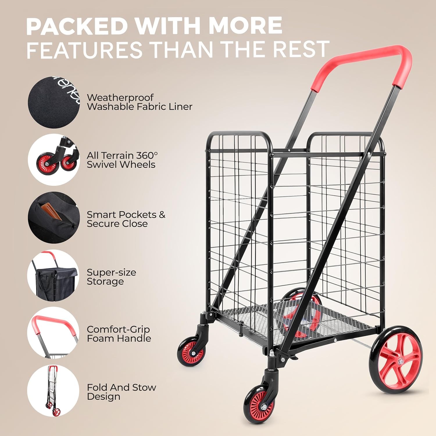 SereneLife SLSPCART75 Small Compact Folding Shopping Cart - Red (Open Box)