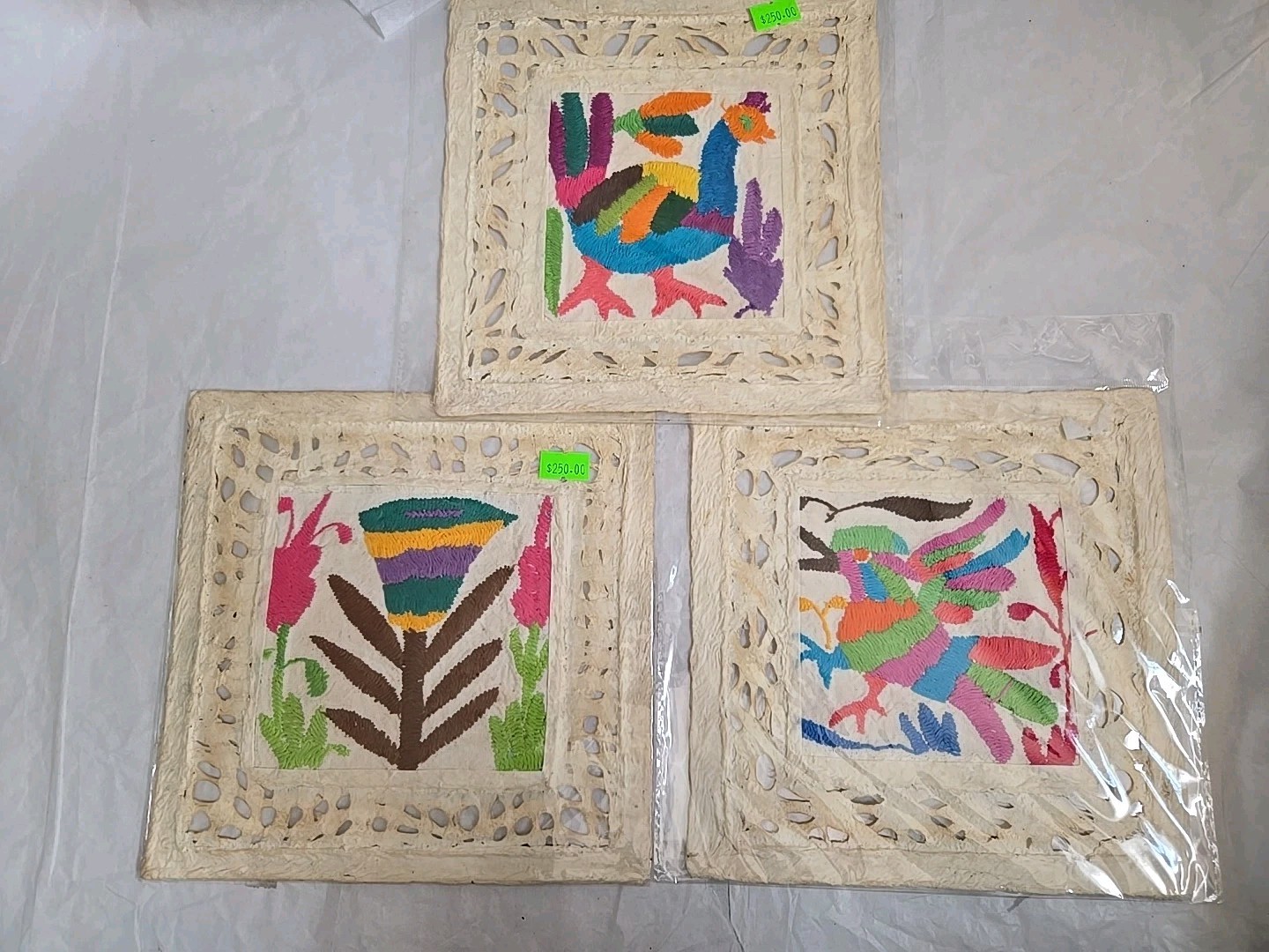 Mexican Folk Art Lot Otomi Embroidery On Amate Paper